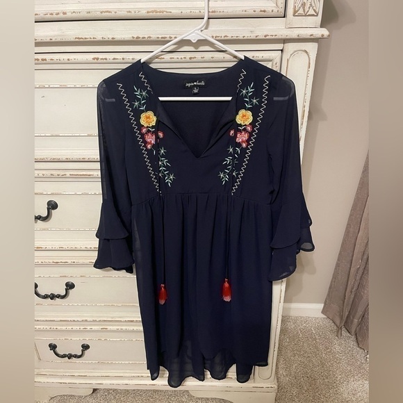 Embroidered Sheer Navy Dress - Picture 1 of 7